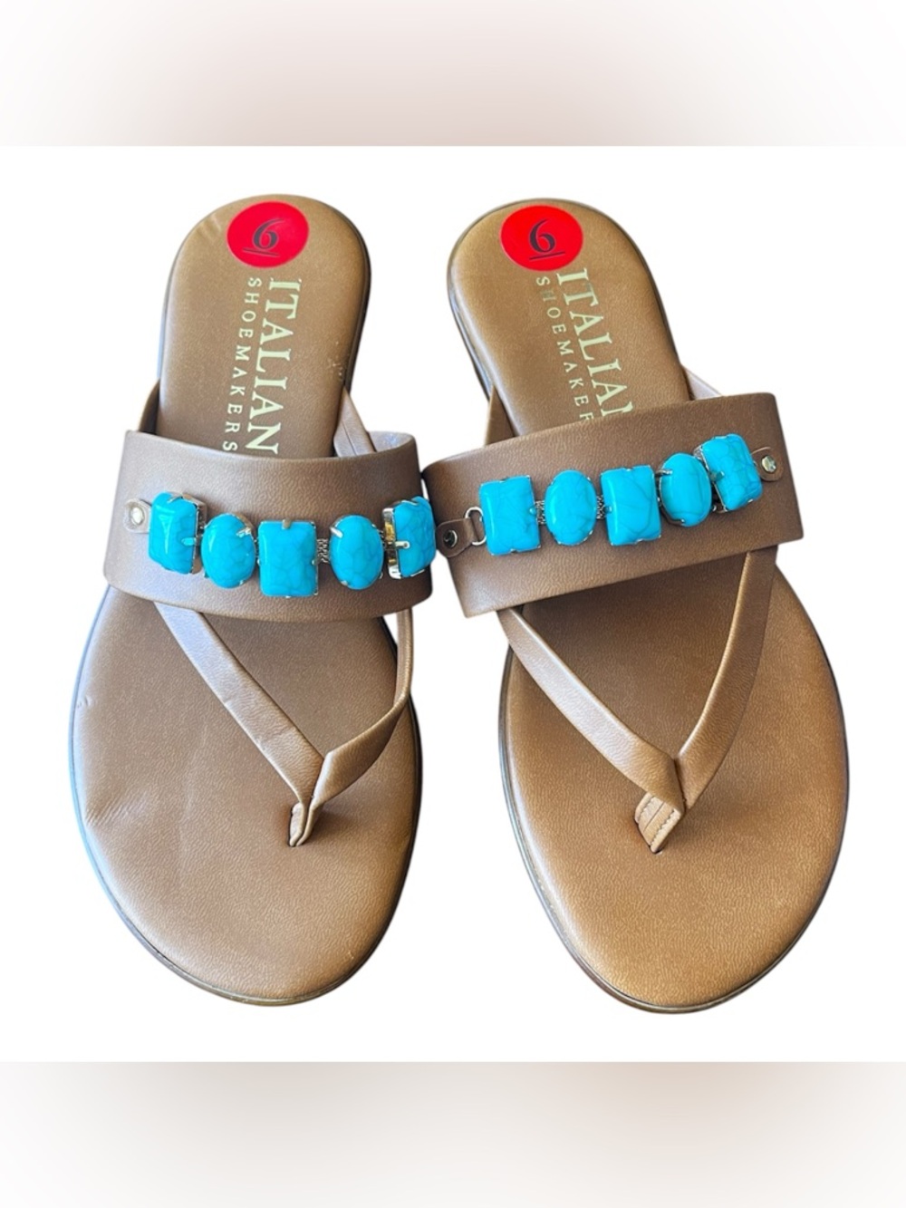 Italian Shoemakers Tan Sandals with Turquoise Accent Size 6 NWOB